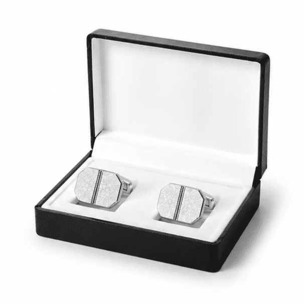 Luxury silver octagonal cufflinks with floral engraving and pink stone inspired accent for men