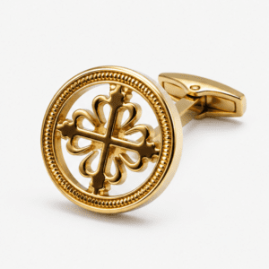golden cufflinks for men with round luxury clover designer pattern close up