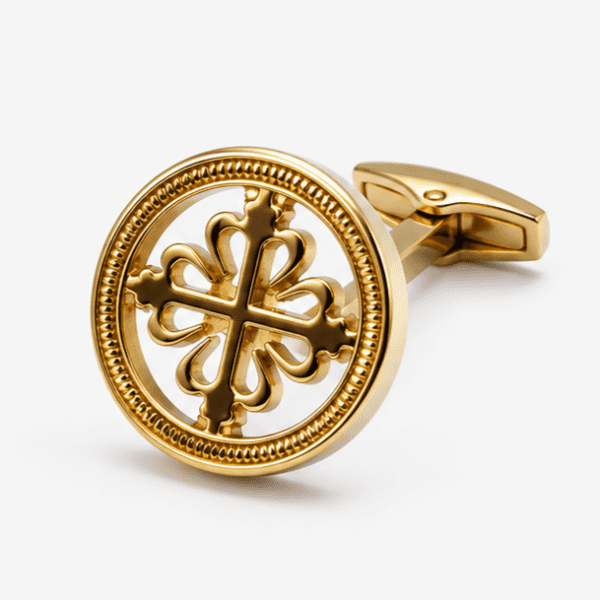 golden cufflinks for men with round luxury clover designer pattern close up