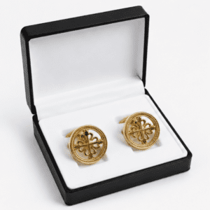 golden cufflinks for men with round luxury clover designer pattern in box