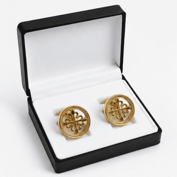golden cufflinks for men with round luxury clover designer pattern in box