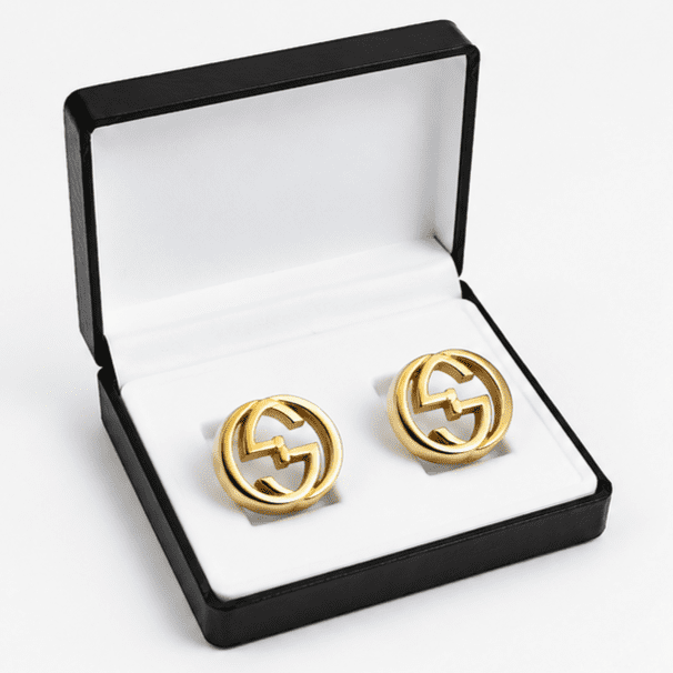 Gold interlocking round cufflinks for men displayed in premium box