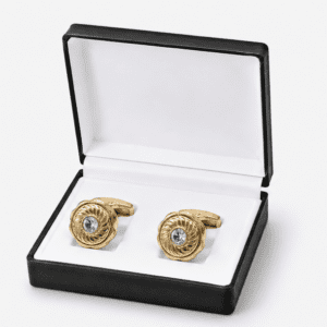Luxury gold crystal cufflinks displayed in premium gift box