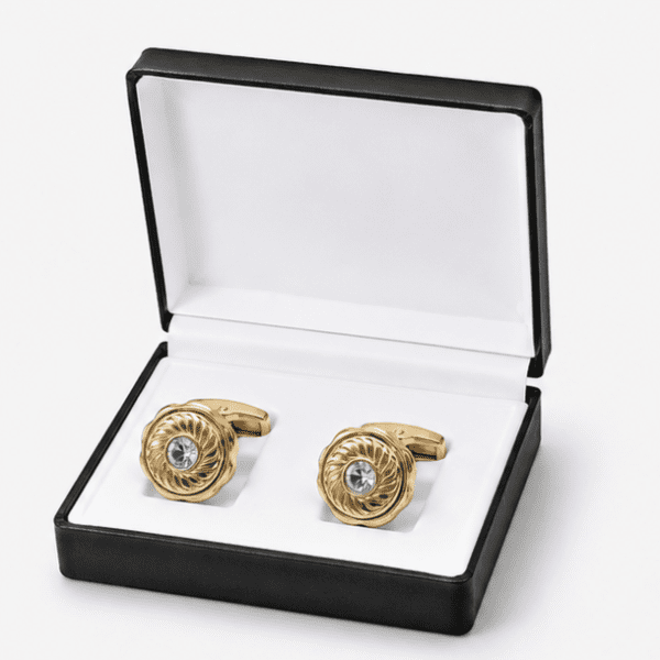 Luxury gold crystal cufflinks displayed in premium gift box
