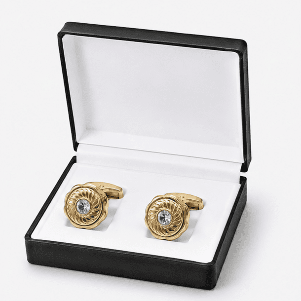 Luxury gold crystal cufflinks displayed in premium gift box