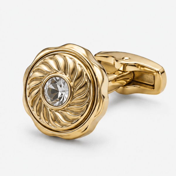 Close up view of gold round designer cufflinks for men