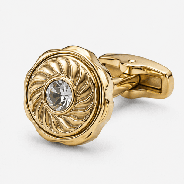 Close up view of gold round designer cufflinks for men