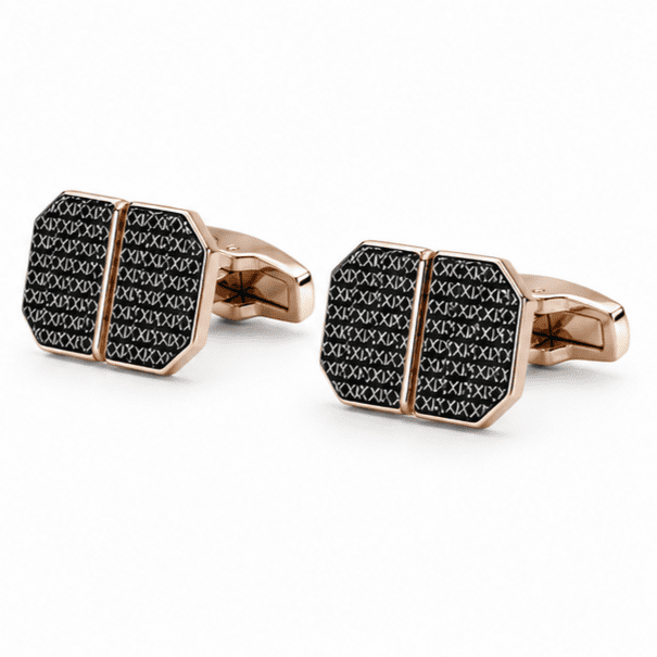 : Pair of men's rose gold and black cufflinks with XO pattern displayed together