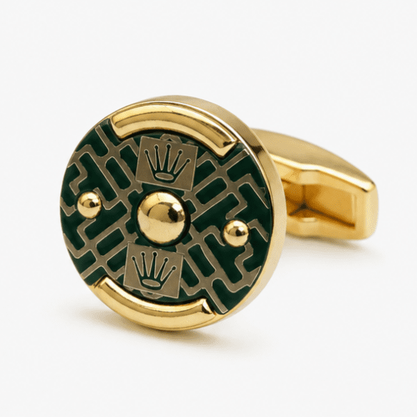 Luxury green and gold round designer cufflinks for men with premium gold finish