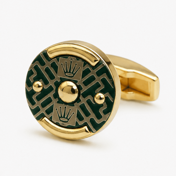 Luxury green and gold round designer cufflinks for men with premium gold finish