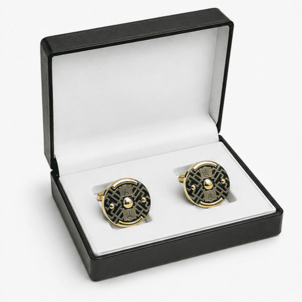 Luxury green and gold round designer cufflinks for men with premium gold finish