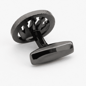 black cufflinks for men with gunmetal crown inspired designer design , mechanism macro shot