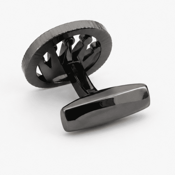 black cufflinks for men with gunmetal crown inspired designer design , mechanism macro shot