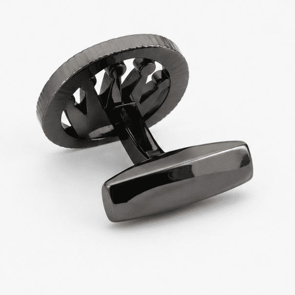 black cufflinks for men with gunmetal crown inspired designer design , mechanism macro shot
