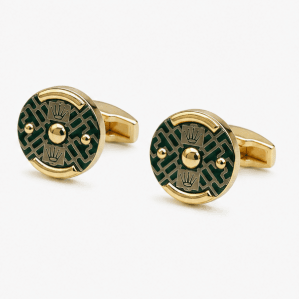 Luxury green and gold round designer cufflinks for men with premium gold finish pair