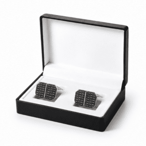 Men's rose gold and black XO pattern cufflinks in luxury gift box