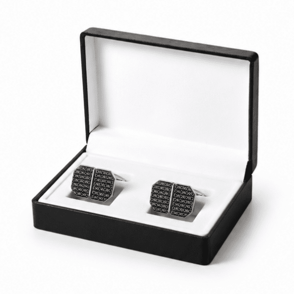 Men's rose gold and black XO pattern cufflinks in luxury gift box