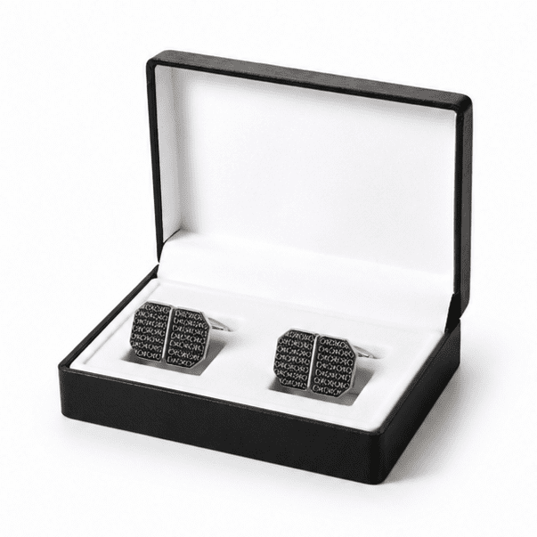 Men's rose gold and black XO pattern cufflinks in luxury gift box