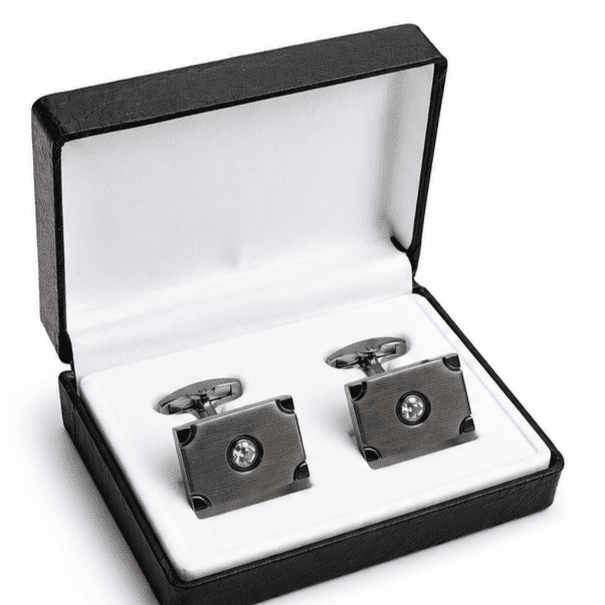 gunmetal cufflinks for men with crystal rectangular luxury designer design in premium gift box