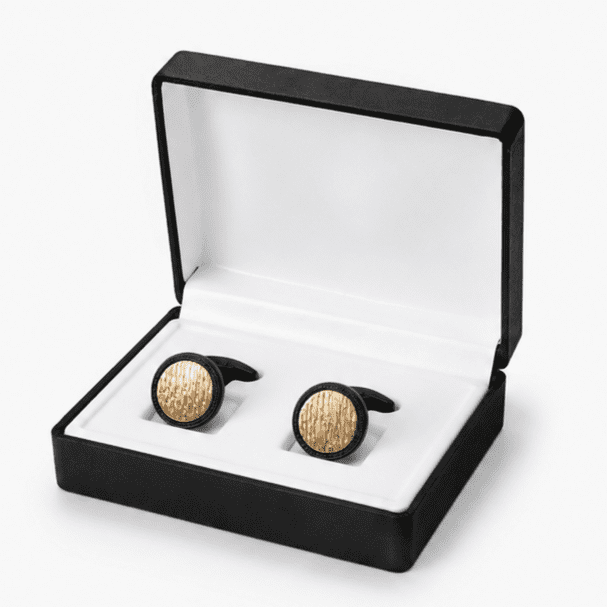 Elegant black and gold cufflinks for men featuring a textured gold face surrounded by a premium black frame. Perfect for weddings, formal occasions, business attire, and luxury gifting.