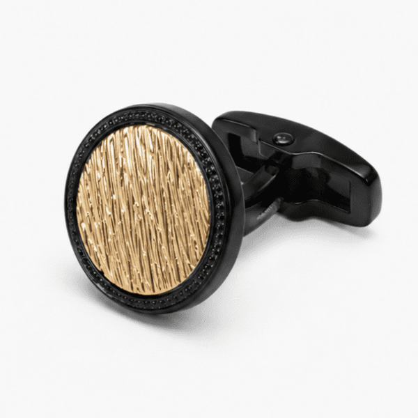 Luxury black and gold round cufflinks for men with textured gold center design