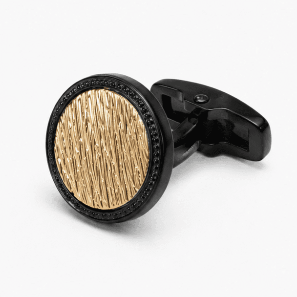 Luxury black and gold round cufflinks for men with textured gold center design