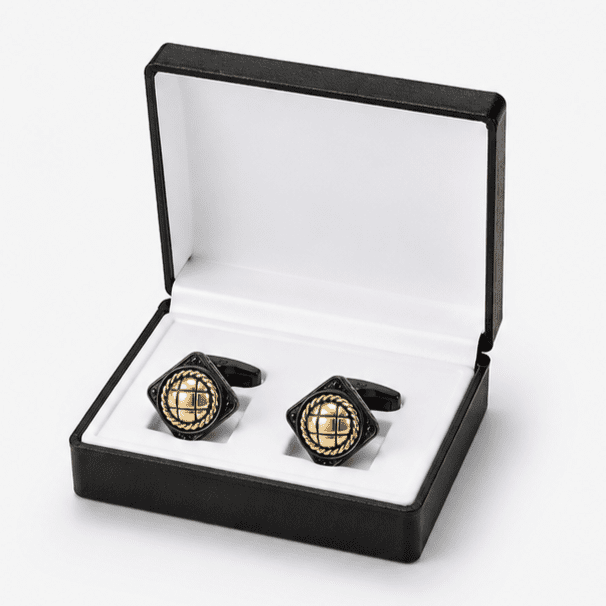 Luxury black gold cufflinks displayed in premium gift box