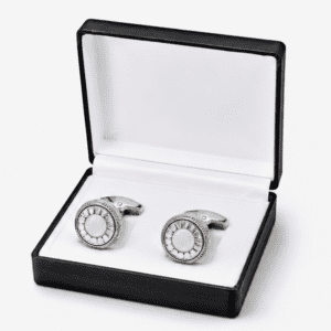 Luxury silver round cufflinks for men with pearl design in box