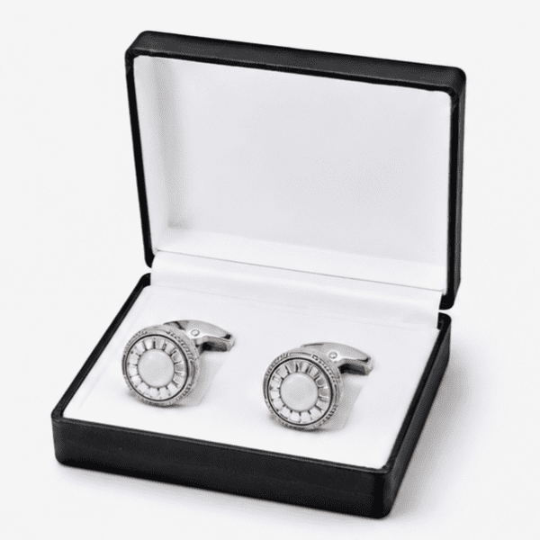 Luxury silver round cufflinks for men with pearl design in box