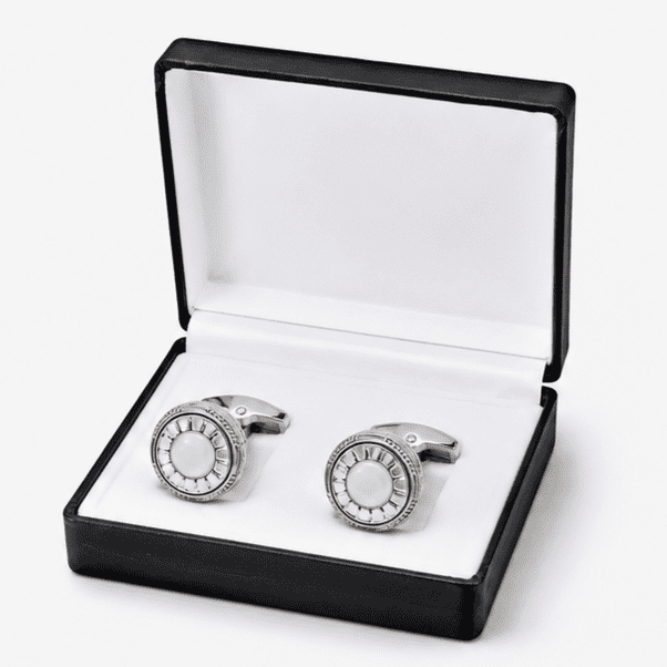 Luxury silver round cufflinks for men with pearl design in box