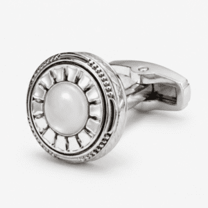 Luxury silver round cufflinks for men with pearl design closeup front view