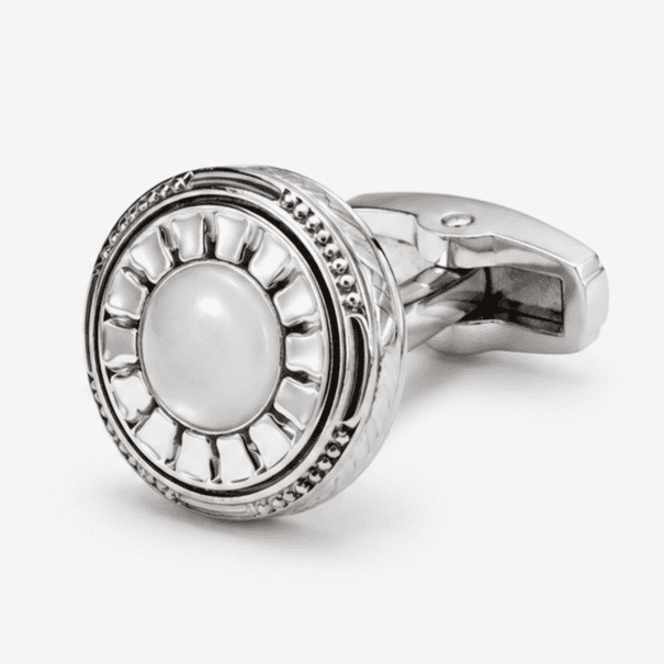 Luxury silver round cufflinks for men with pearl design closeup front view