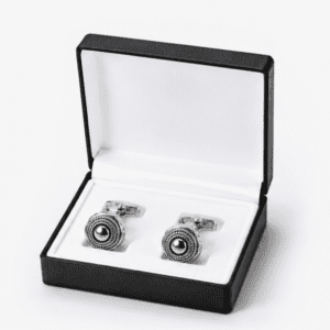 Luxury silver round cufflinks displayed in premium gift box