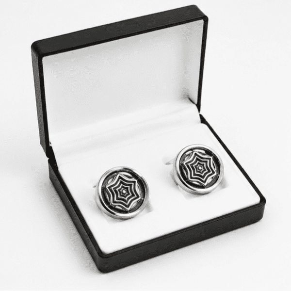 Silver cufflinks for men in premium gift box with round geometric design
