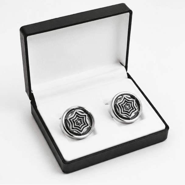 Silver cufflinks for men in premium gift box with round geometric design