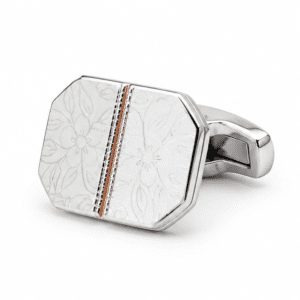 Luxury silver octagonal cufflinks with floral engraving and pink stone inspired accent for men