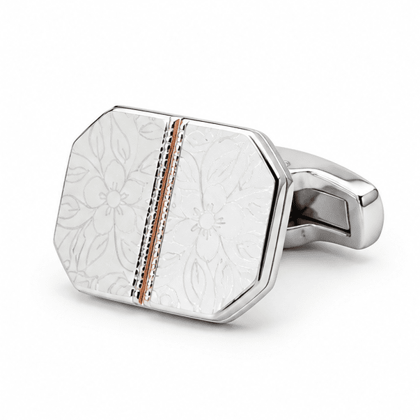 Luxury silver octagonal cufflinks with floral engraving and pink stone inspired accent for men