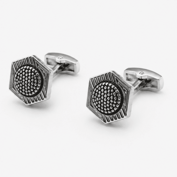 Close up view of geometric black silver designer cufflinks for men