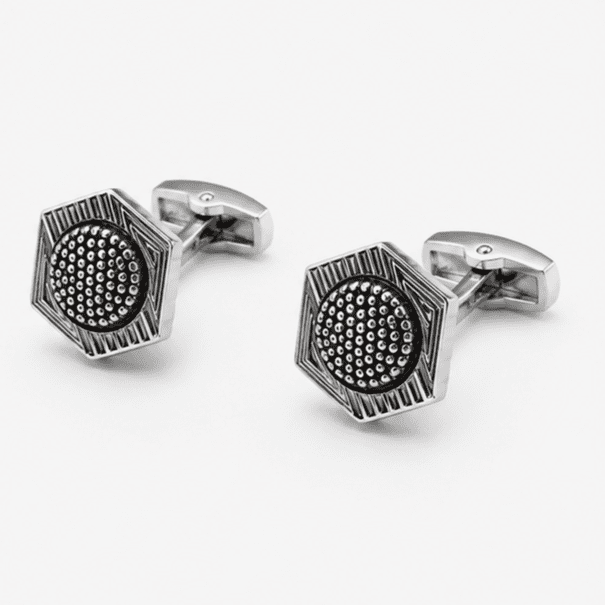 Close up view of geometric black silver designer cufflinks for men