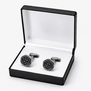 Luxury black silver cufflinks displayed in premium gift box