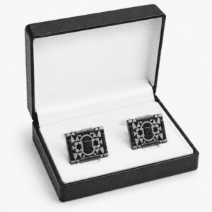 designer cufflinks for men with black and silver geometric luxury design in premium box