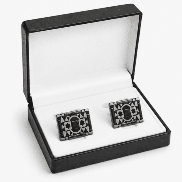 designer cufflinks for men with black and silver geometric luxury design in premium box