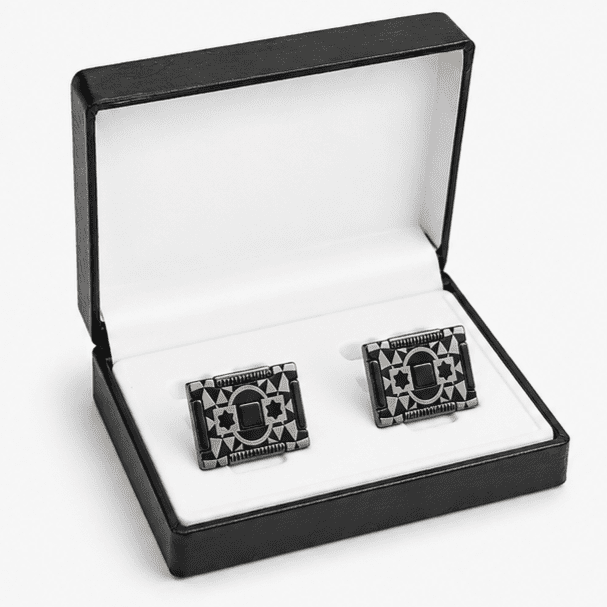 designer cufflinks for men with black and silver geometric luxury design in premium box