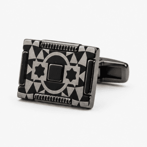 designer cufflinks for men with black and silver geometric luxury design closeup shot