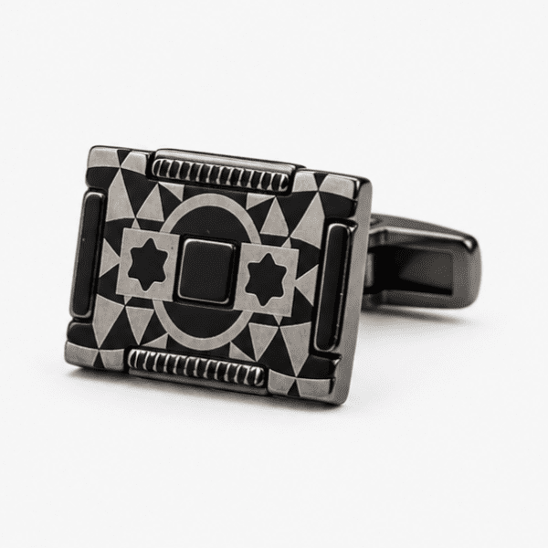 designer cufflinks for men with black and silver geometric luxury design closeup shot