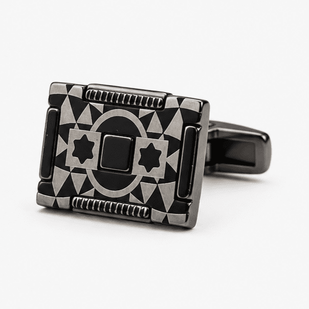 designer cufflinks for men with black and silver geometric luxury design closeup shot