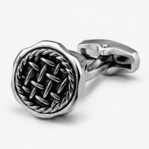 Close up view of black woven designer cufflinks for men
