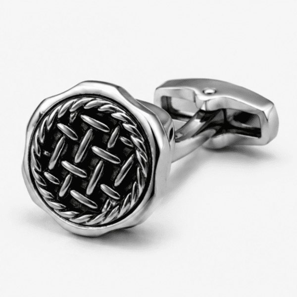 Close up view of black woven designer cufflinks for men