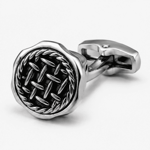 Close up view of black woven designer cufflinks for men