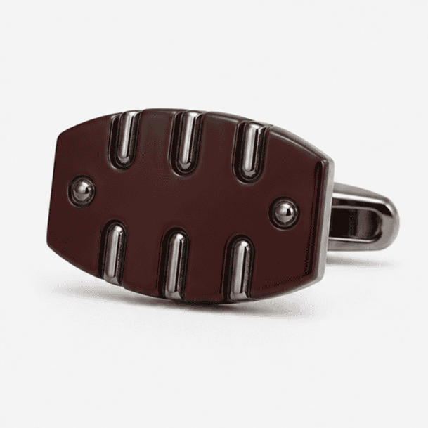 Close-up of Burgundy Enamel and Gunmetal Geometric Luxury Cufflinks